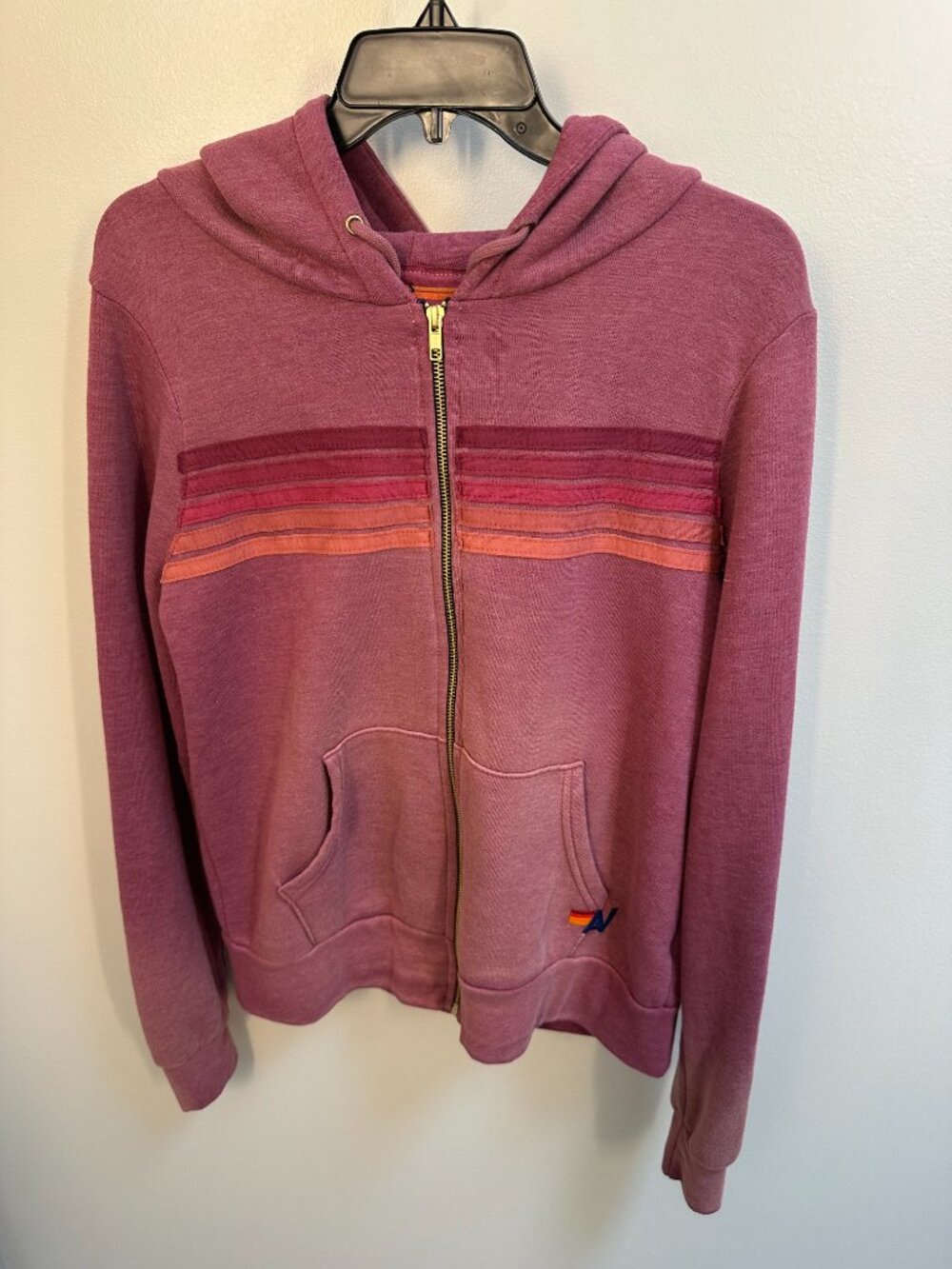 Aviator Nation 5 Stripe Zip Hoodie Pink Magenta Small S